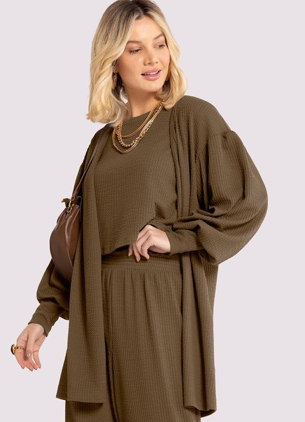 Lunender - Cardigan Alongado Texturizado com Manga Bufante Marrom