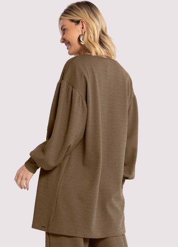 Lunender - Cardigan Alongado Texturizado com Manga Bufante Marrom 2
