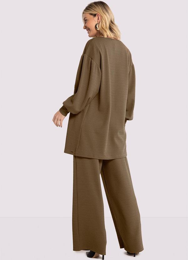 Lunender - Cardigan Alongado Texturizado com Manga Bufante Marrom 4