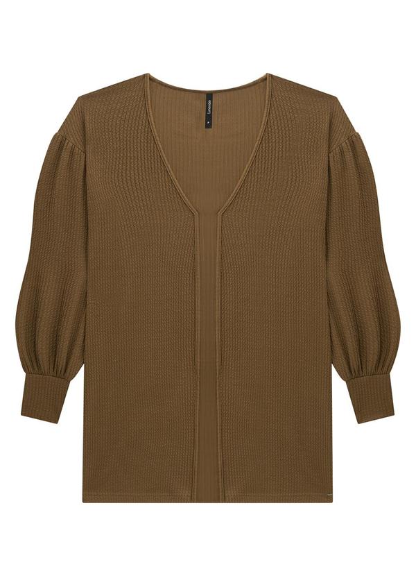 Lunender - Cardigan Alongado Texturizado com Manga Bufante Marrom 5