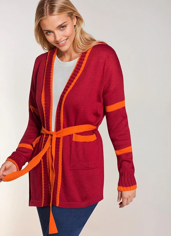 bonprix - Cardigan com Amarração Bordô e Laranja