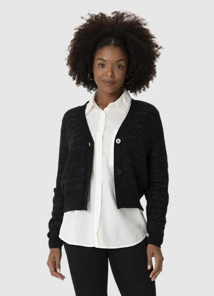 Malwee - Cardigan Cropped em Tricot Preto - MALWEE