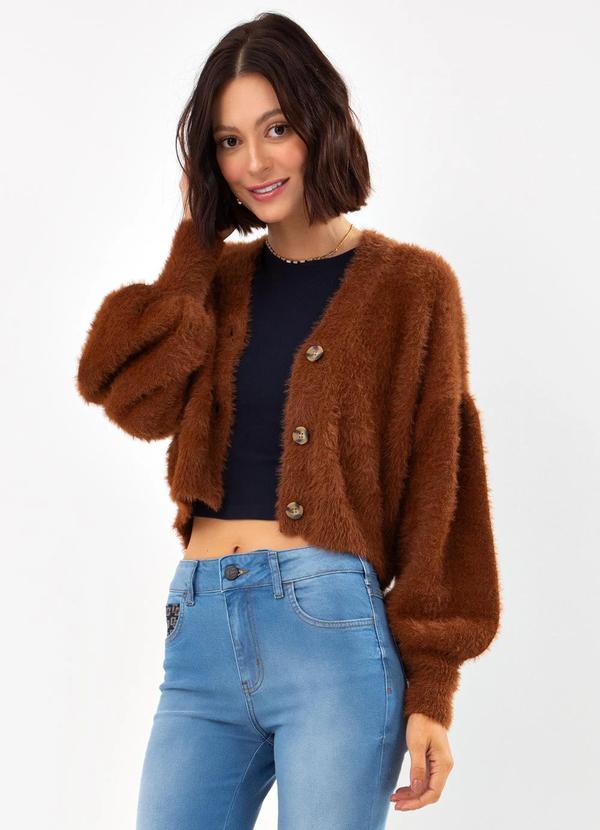 Farm - Cardigan Curto Pelinho Marrom