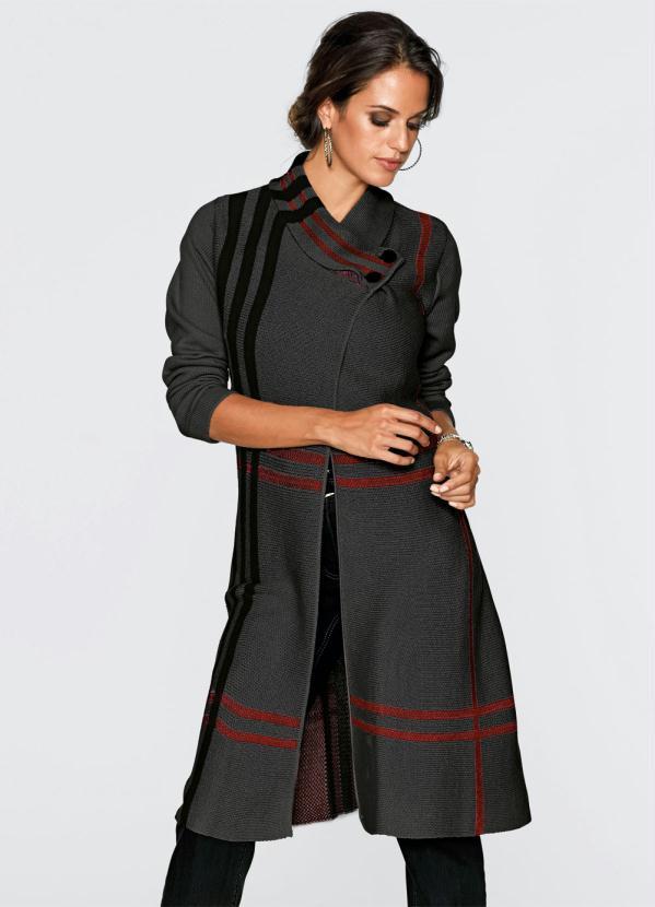 Outlet - Cardigan de Tricô Alongado Xadrez Cinza 2