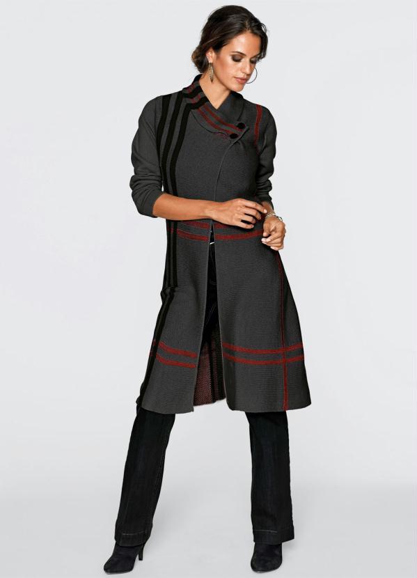 Outlet - Cardigan de Tricô Alongado Xadrez Cinza 3
