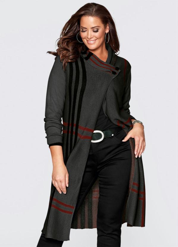 Outlet - Cardigan de Tricô Alongado Xadrez Cinza 4