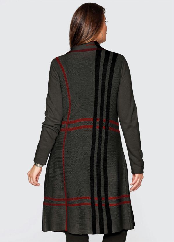 Outlet - Cardigan de Tricô Alongado Xadrez Cinza 5