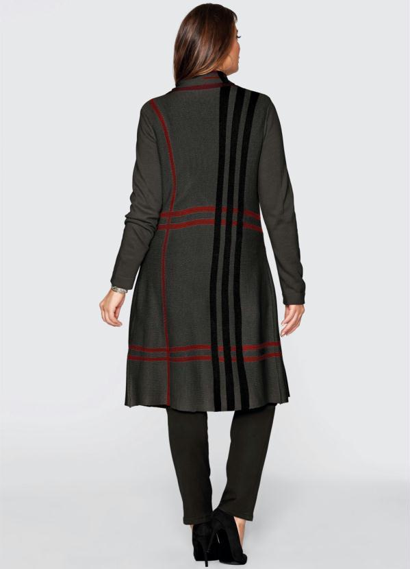 Outlet - Cardigan de Tricô Alongado Xadrez Cinza 8