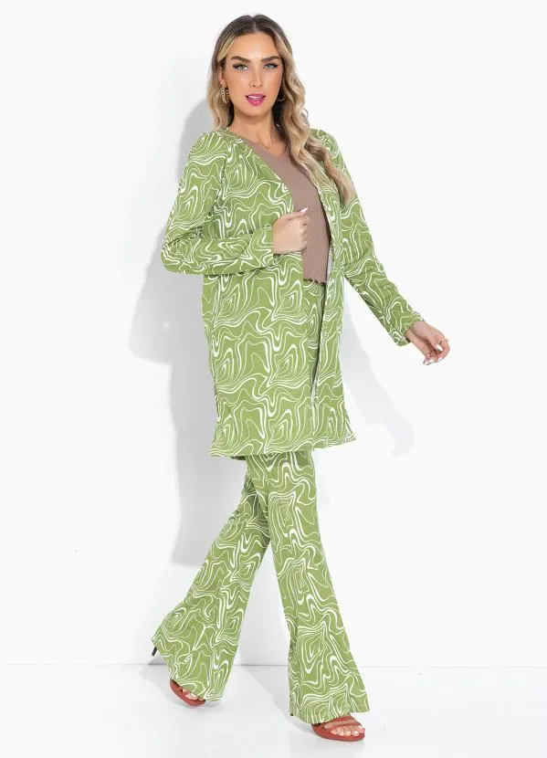 Moda Pop - Cardigan Efeito Líquido Verde com Mangas Longas