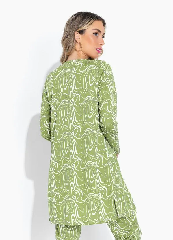 Moda Pop - Cardigan Efeito Líquido Verde com Mangas Longas 2