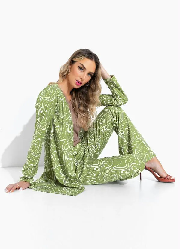 Moda Pop - Cardigan Efeito Líquido Verde com Mangas Longas 5