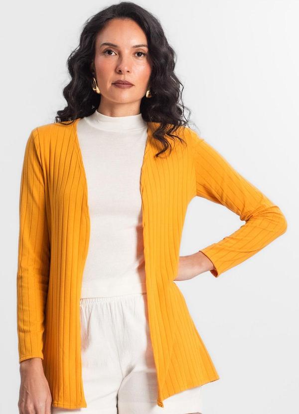 Infinita Cor - Cardigan Feminino Canelado Amarelo