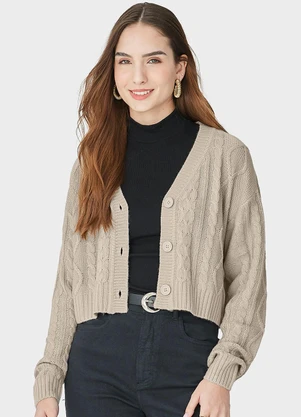 Malwee - Cardigan Feminino Cropped em Tricô Bege - MALWEE