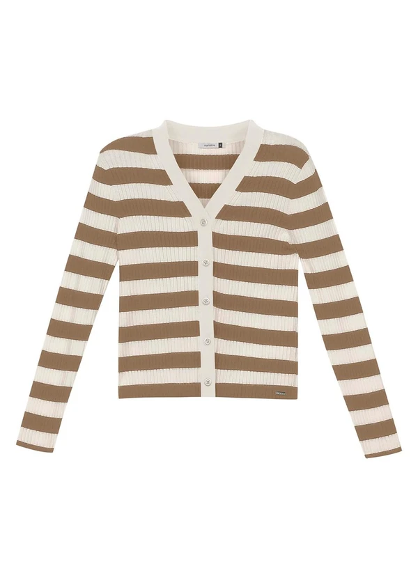 Marialícia - Cardigan Feminino Listrado Tricot Bege 1