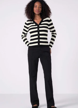 Marialícia - Cardigan Feminino Listrado Tricot Preto - MARIALÍCIA