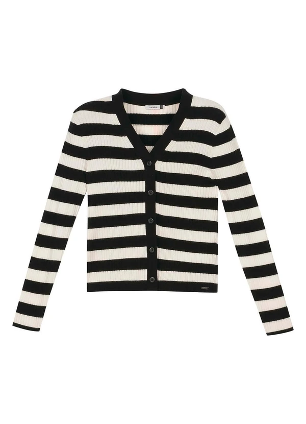 Marialícia - Cardigan Feminino Listrado Tricot Preto 3