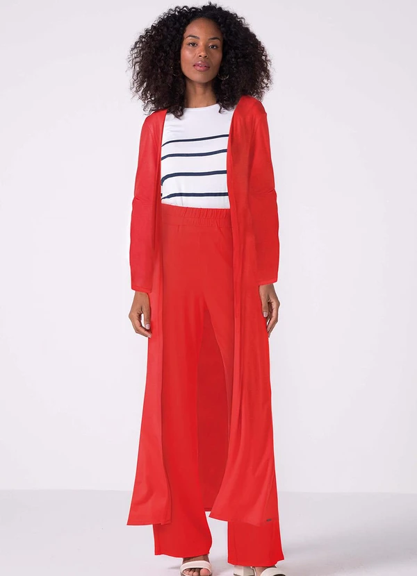 Marialícia - Cardigan Feminino Longo com Bolso Vermelho