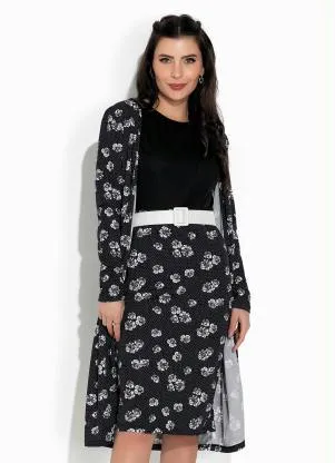 Rosalie - Cardigan Floral Preto Alongado - ROSALIE