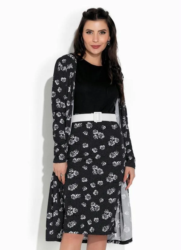 Rosalie - Cardigan Floral Preto Alongado