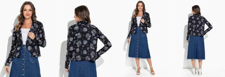 Cardigan Floral Preto com Gola