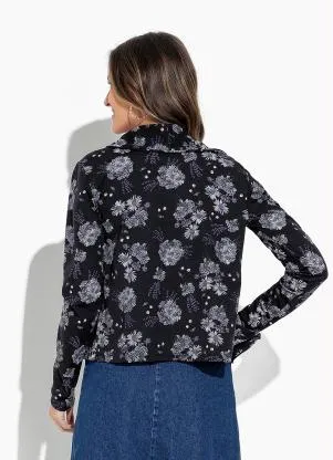 Rosalie - Cardigan Floral Preto com Gola - ROSALIE