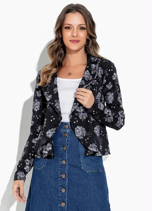 Rosalie - Cardigan Floral Preto com Gola