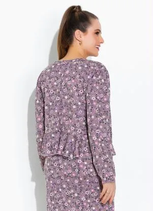 Rosalie - Cardigan Floral Roxo com Babado - ROSALIE
