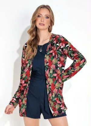 Moda Pop - Cardigan Floral Vermelho com Manga Longa - MODA POP