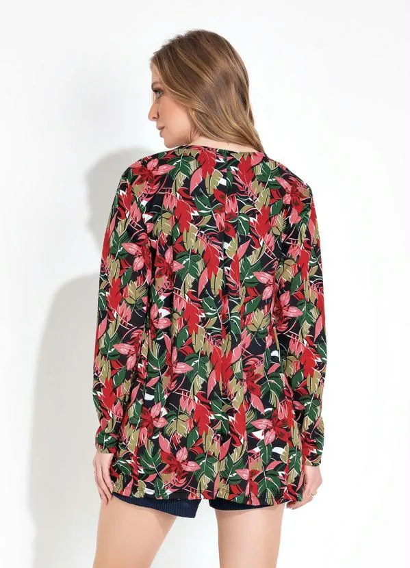 Moda Pop - Cardigan Floral Vermelho com Manga Longa 2