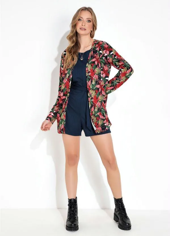 Moda Pop - Cardigan Floral Vermelho com Manga Longa 3