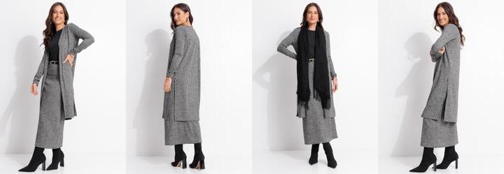 Cardigan Alongado Grafite em Malha Tric� Canelada com Fendas Laterais