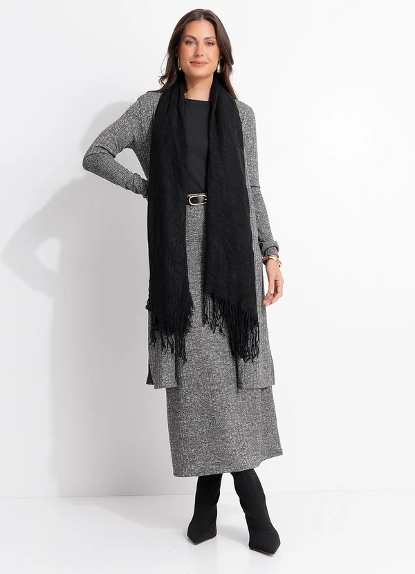 Quintess - Cardigan Alongado Grafite em Malha Tricô Canelada com Fendas Laterais 8