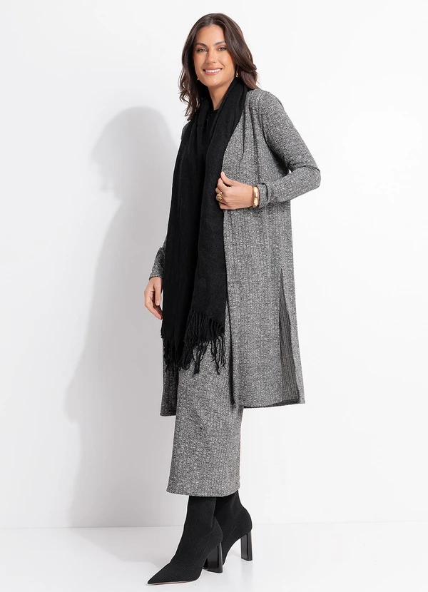 Quintess - Cardigan Alongado Grafite em Malha Tricô Canelada com Fendas Laterais 5