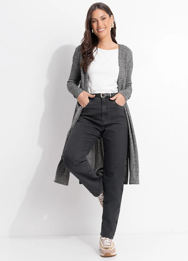Quintess - Cardigan Alongado Grafite em Malha Tricô Canelada com Fendas Laterais 3