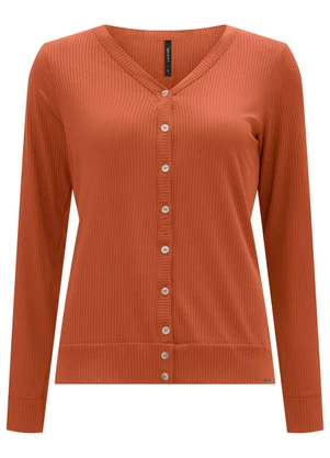 Lunender - Cardigan Malha Canelada com Decote em V Laranja - LUNENDER