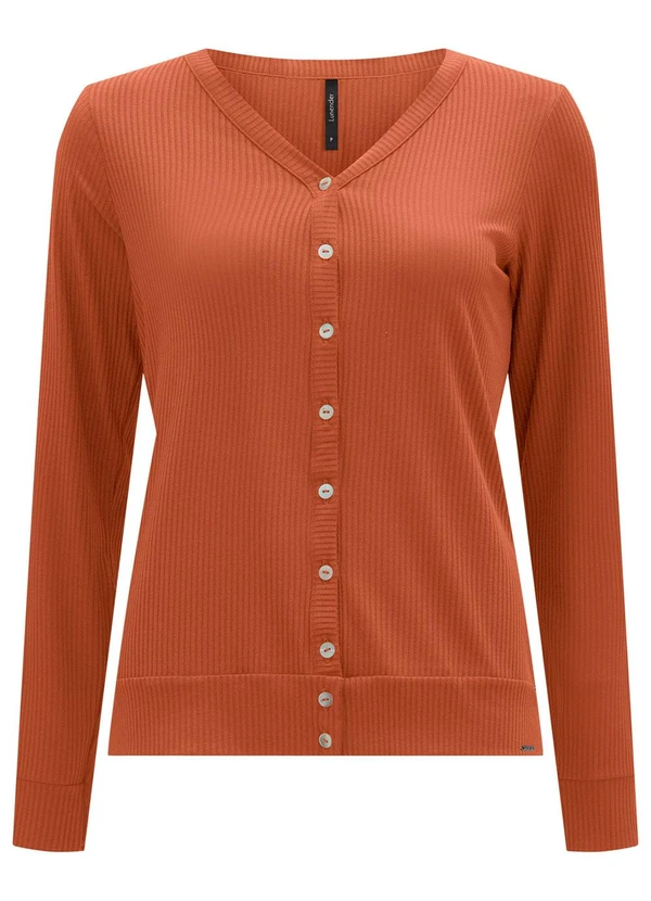 Lunender - Cardigan Malha Canelada com Decote em V Laranja