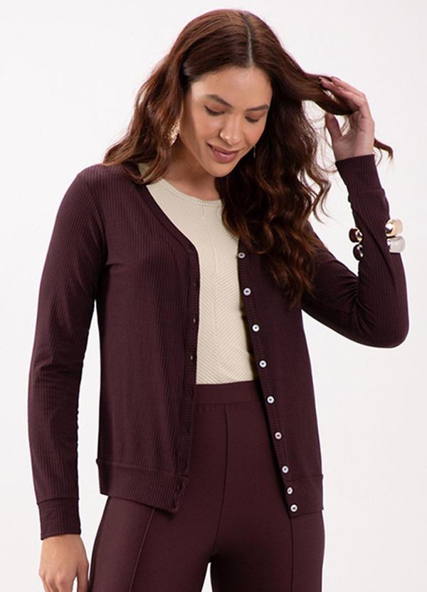 Lunender - Cardigan Malha Canelada com Decote em V Marrom