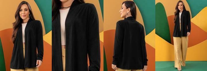 Cardigan Preto em Ribana Canelada