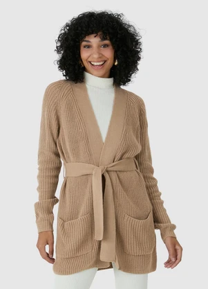 Malwee - Cardigan Transpassado em Tricot Bege - MALWEE