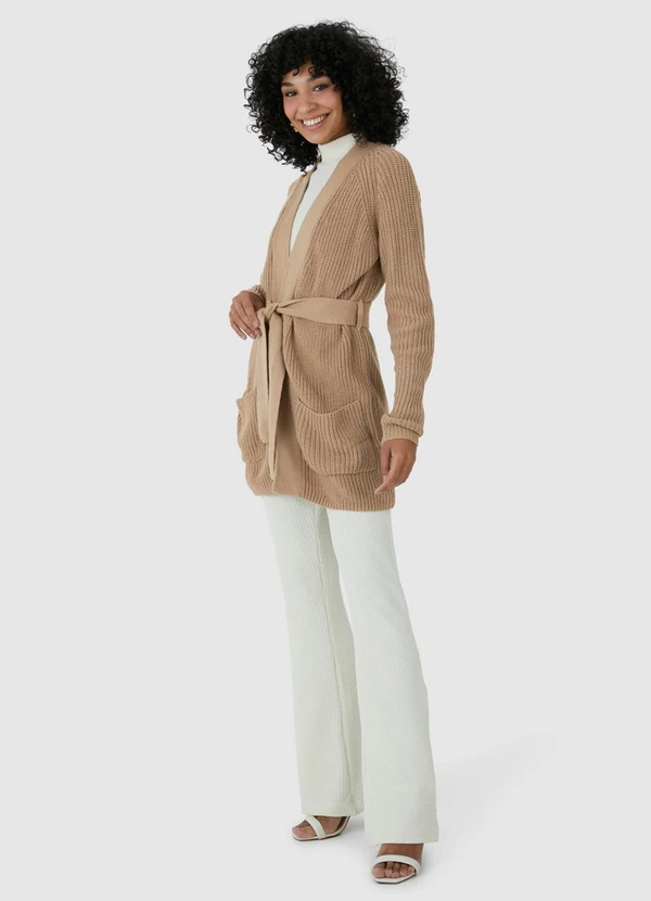 Cardigan Transpassado em Tricot Bege - Malwee