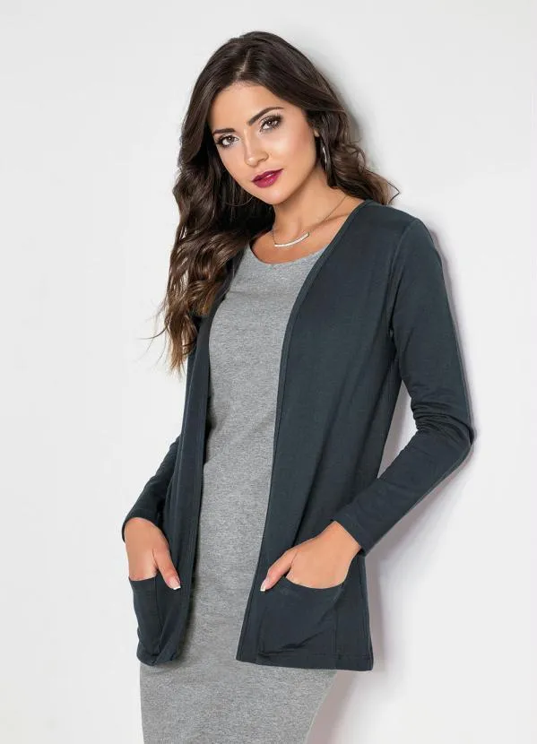 Moda Pop - Casaco em Moletinho Manga Longa com Bolso Chumbo