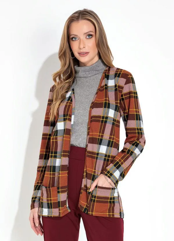 Moda Pop - Casaco em Moletinho Manga Longa Xadrez Marrom 5