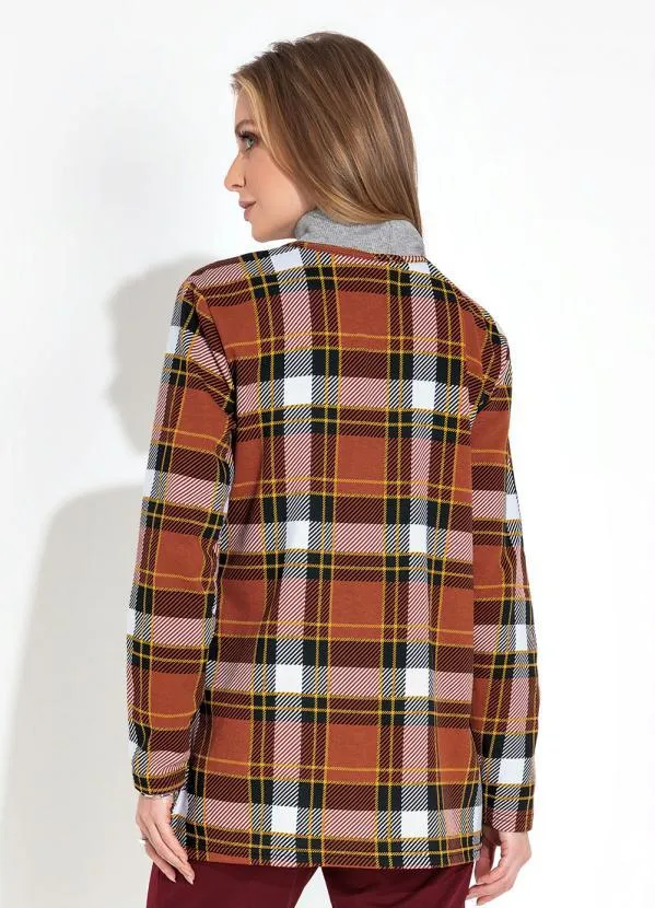 Moda Pop - Casaco em Moletinho Manga Longa Xadrez Marrom 4