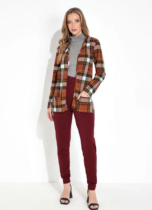 Moda Pop - Casaco em Moletinho Manga Longa Xadrez Marrom 2