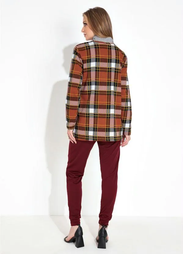 Moda Pop - Casaco em Moletinho Manga Longa Xadrez Marrom 1