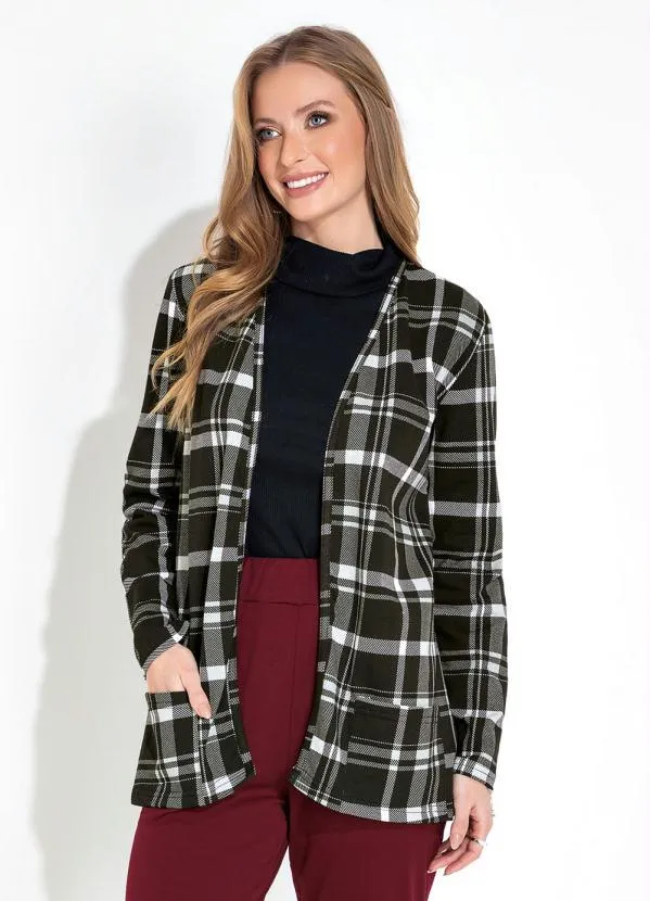 Moda Pop - Casaco em Moletinho Manga Longa Xadrez Preto