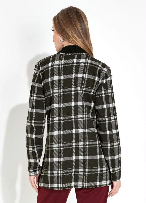 Moda Pop - Casaco em Moletinho Manga Longa Xadrez Preto 2