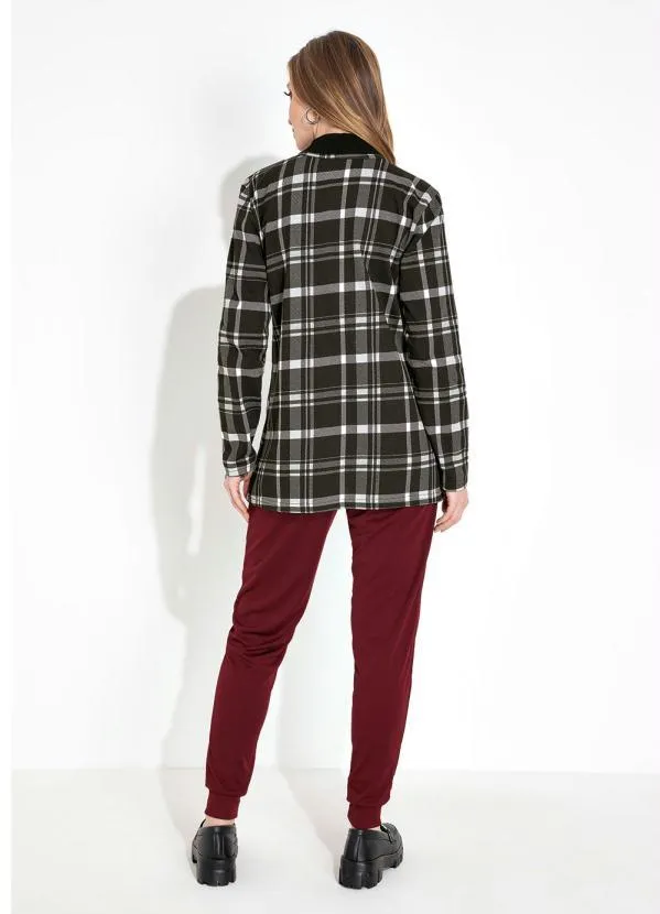 Moda Pop - Casaco em Moletinho Manga Longa Xadrez Preto