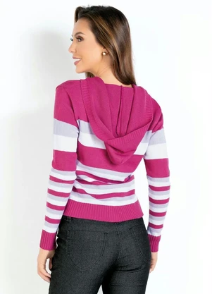 Rosalie - Casaquinho em Tricot com Zíper Listrado Rosa - ROSALIE