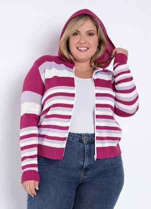 Rosalie - Casaquinho em Tricot com Zíper Listrado Rosa - ROSALIE